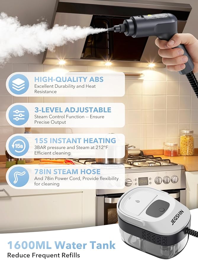 Steam Cleaner 3-Level Adjustable Steamer for Cleaning, 15s Heat-Up, 1.69 Quarts Tank, High Pressure Steamer with 17 pcs Accessories for Kitchen, Bathroom, Grout, Car, Grease, Floor