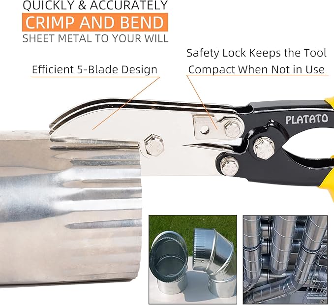 5 Blades Sheet Metal Tools HVAC Tool Duct Crimping Tool Gutter Crimper for 24-28 Gauge Stainless Steel, Crimper for Downspout, Stove Pipe, Ductwork and Venting Work