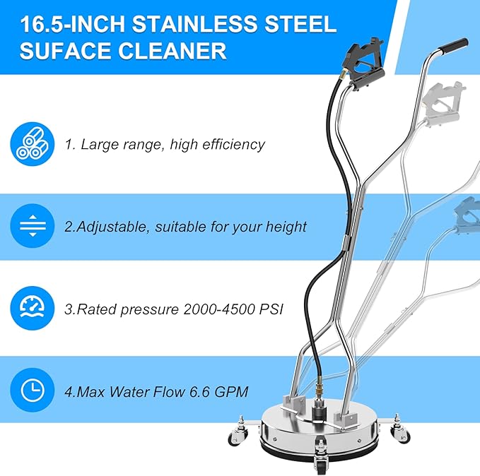 16.5" Pressure Washer Surface Cleaner with 304 Industrial-grade Stainless Steel Housing, Dual Handle, Driveway Pressure Washer Attachment, 2 Replacement Nozzles, for Concrete, Sidewalk, Deck, 4500 PSI