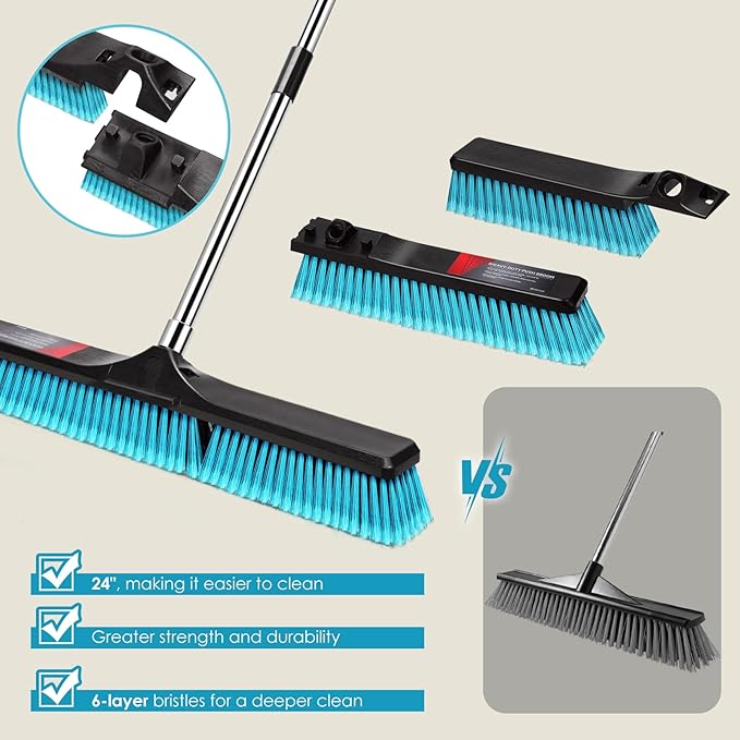 24" Push Broom, Heavy Duty Outdoor Commercial Broom for Cleaning with 55" Long Handle and Stiff Bristles, for Driveway Garage Yard Patio Warehouse Concrete Floor Cleaning