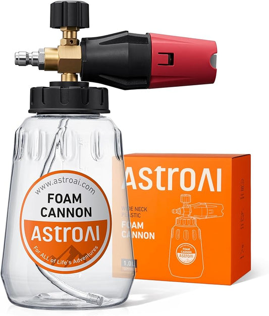 AstoAI Foam Cannon for Pressure Washer, Snow Clear Foam Cannon, Wide Neck Foam Blaster Adjustable Nozzle for Car Wash Accessories, with 1/4 Inch Quick Connector, 1 L Clear Bottle