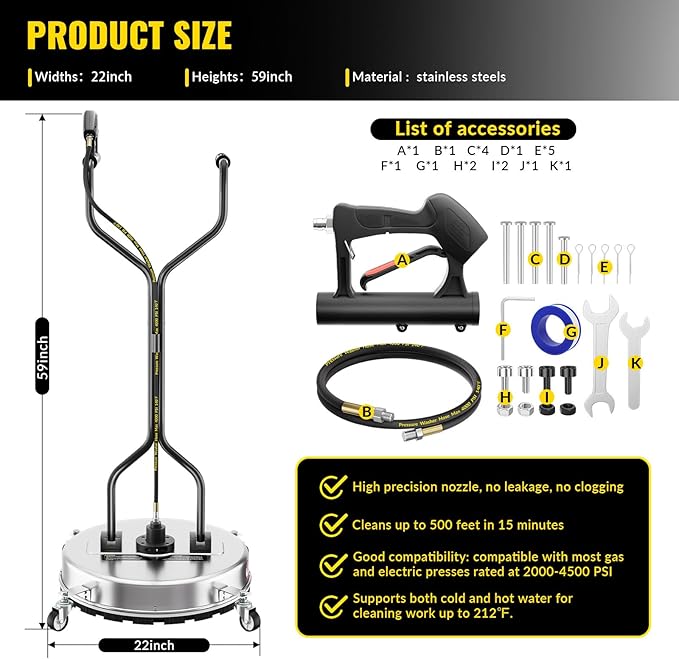 22''Pressure Washer Surface Cleaner,4500PSI Power Washer Surface Cleaner Attachment with Wheels,Dual Handle,Stainless Steel Housing, 3/8'' Quick-Connect for Driveway Sidewalk Curb Deck Patio Cleaning