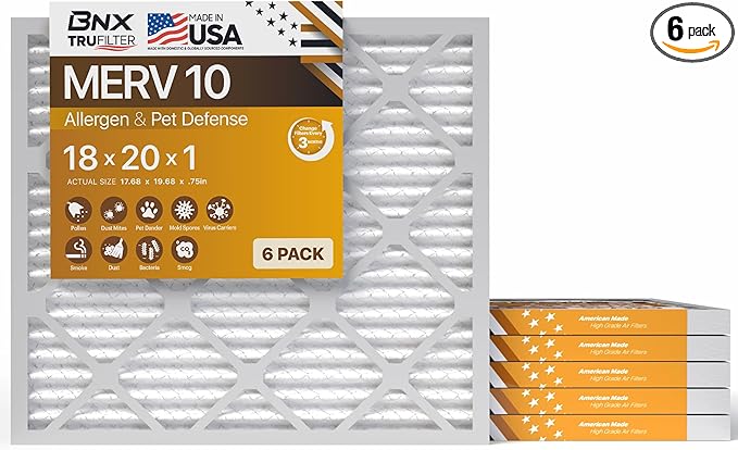 BNX TruFilter 18x20x1 MERV 10 (6-Pack) AC Furnace Air Filter - MADE IN USA - Pleated Air Conditioner HVAC AC Furnace Filters - Removes Odor, Mold, Bacteria, Smoke