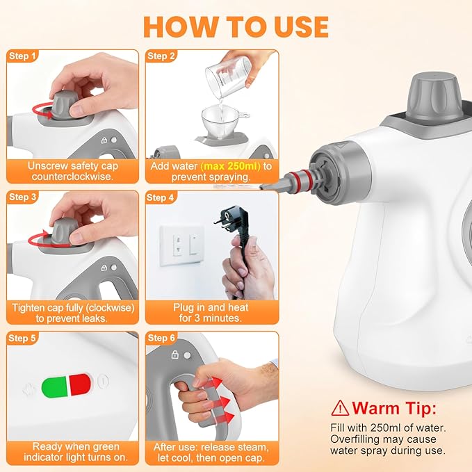 Handheld Steam Cleaner for Home, Pressurized Portable Steamer for Cleaning with 15 Accessories for Multi-Surface Cleaning, Floors, Tiles, Grout, Kitchen, Bathroom, Couch & Car