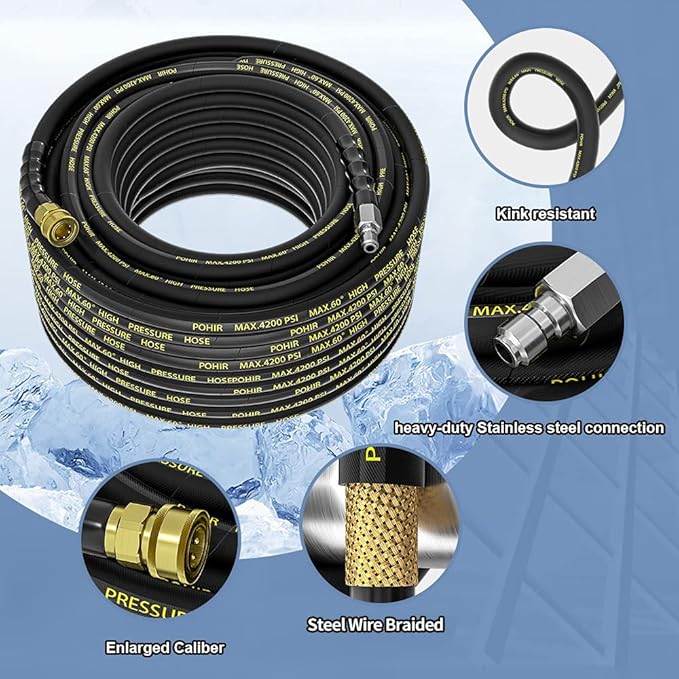 POHIR Power Washer Hose 25FT x 1/4 Inch with 3/8" Quick Connector, High Tensile Wire Braided Heavy Duty Kink Resistant High Pressure Hose 4200PSI, 2 Pcs M22 to 3/8 Adapters Set Accessories