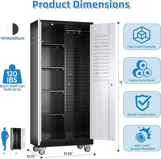 SUXXAN Broom Closet Storage Cabinet with Wheels 71.4"x 31.5"x15.7", Metal Cleaning Cabinets with Hooks and Hanging Rods, Lockable Cabinet with Pegboard, Adjustable Shelf(Black/White)