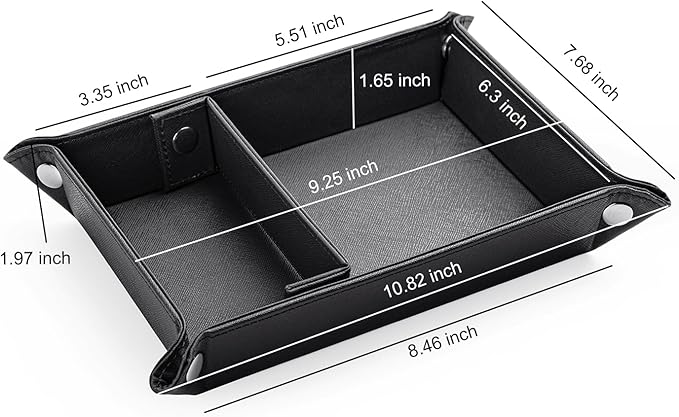 BONNY DODO Valet Tray for Men PU Leather Tray Organizer with Partition, Storage Keys, Watch & Practical Storage for Table Nightstand Living Room Bedroom (Black)