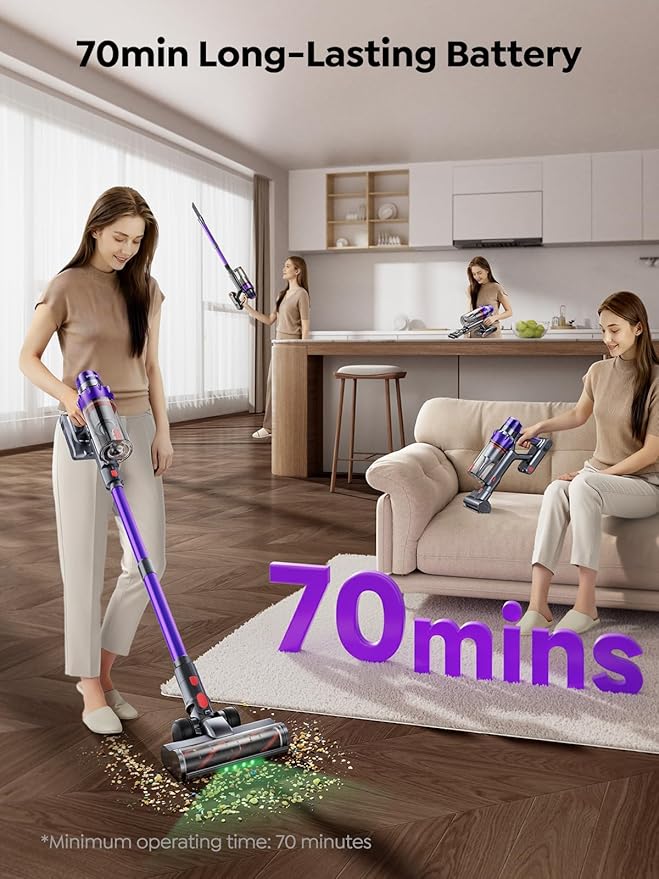 SMOTURE Cordless Vacuum Cleaner, 650W 55KPA 70Mins Vacuum Cleaners for Home, Cordless Stick Vacuum with LED Touch Screen, Anti-Tangle Wireless Vacuum, Handheld Vacuum for Pet Hair/Carpet/Floor