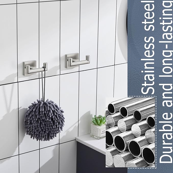 KOKOSIRI Robe Hook Bathroom Double Towel Coat Hooks for Bath Kitchen Wall Mounted, 2 Pack Brushed Nickel Stainless Steel B1015BR-P2