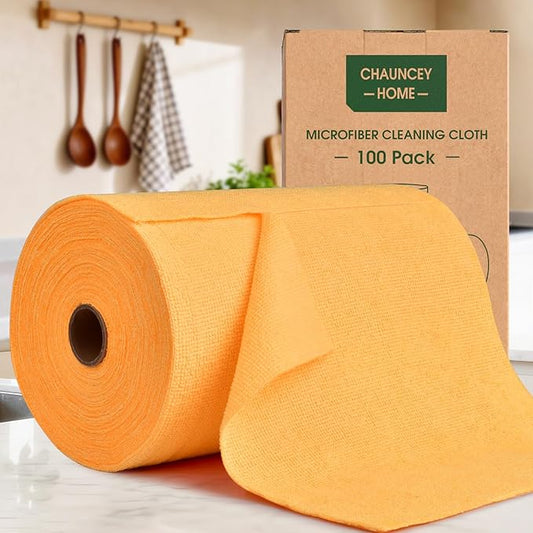Microfiber Cleaning Cloth Roll–100 Pack, Tear Away Microfiber Towels, Reusable, Washable, Scratch-Free, Kitchen Towels for Car, Home, Kitchen, Glass, Dishes(Tangerine Yellow)