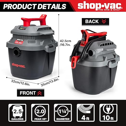 Shop-Vac 2.5 Gallon 2.0 Peak HP Wet Dry Vacuum with Blower, Wall-Mounted Portable Shopvac with 10 Feet Cord, 1.25 Inch x 4 Feet Hose, Small Vacuum Cleaner Ideal for Garage, Workshop & Home, 5430095