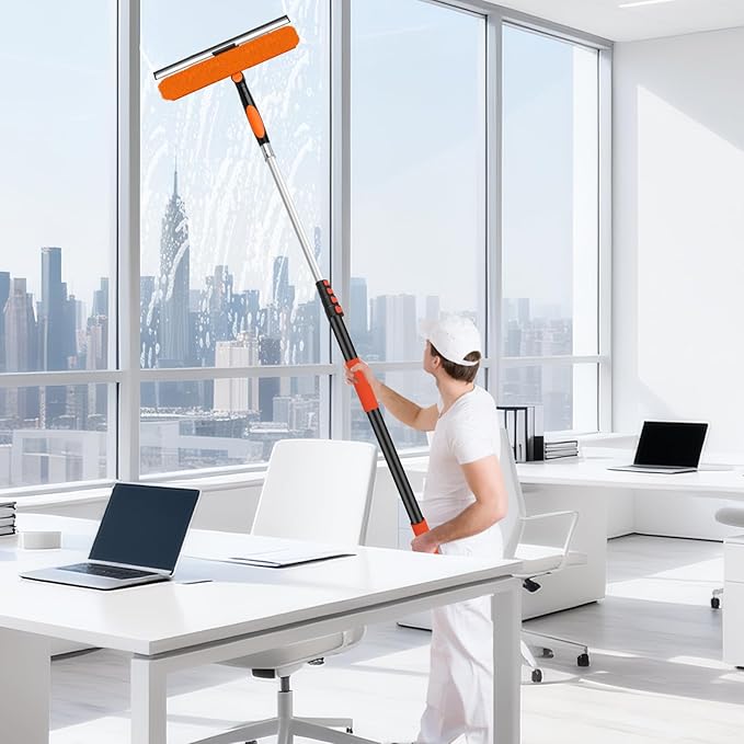 26FT Telescoping Window Cleaning Kit with 14" Squeegee - 2-in-1 Professional Window Scrubber & Extension Pole - Extra Long High-Reach Glass Cleaner Tool for Indoor & Outdoor High Windows, RV