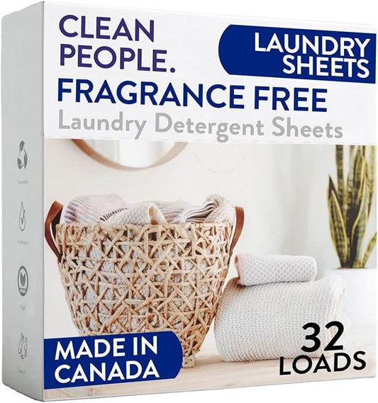 The Clean People Fragrance Free Laundry Detergent Sheets - Laundry Soap - Ultra Concentrated, Recyclable Packaging, Stain Fighting - Fragrance Free, 32 Pack