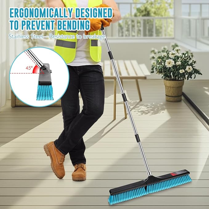 24" Push Broom, Heavy Duty Outdoor Commercial Broom for Cleaning with 55" Long Handle and Stiff Bristles, for Driveway Garage Yard Patio Warehouse Concrete Floor Cleaning