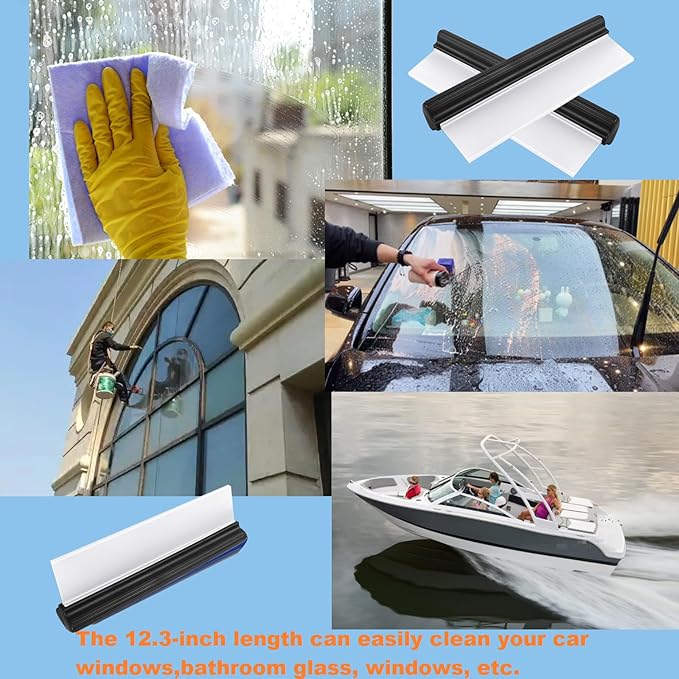 2pack 12inch Car Drying Squeegee Water Blade Universal Quick Drying Squeegee Wiper Flexible T-Bar Water Blade Silicone Squeegee for Car,Glass,Windshield,Bathroom Black Handle