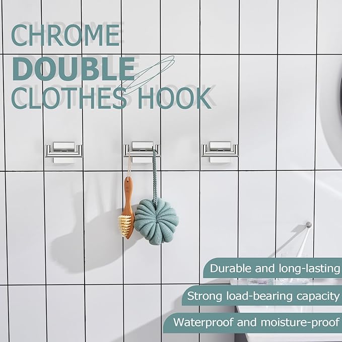 KOKOSIRI Robe Hook Bathroom Double Towel Coat Hooks for Bath Kitchen Wall Mounted, 3 Pack Chrome Stainless Steel B1015CH-P3