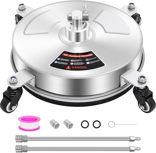 Dalmbox 14" Pressure Washer Surface Cleaner with 4 Wheels, 1/4" Quick Plug, Stainless Steel Housing, 4000 PSI, Pressure Washer Surface Cleaner Attachment for Patio, Courtyard, Concrete, Sidewalks