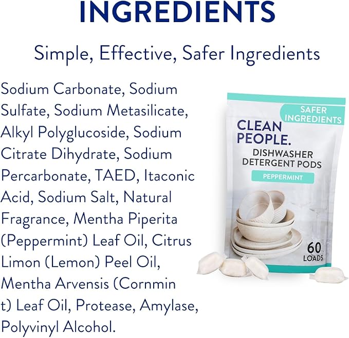 The Clean People Dishwasher Pods - Cuts Grease & Rinses Sparkling Clean - Residue-Free - Phosphate Free Dishwashing Pods - Peppermint, 60 Pack