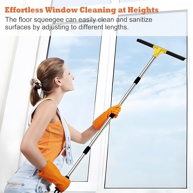 Large Heavy-Duty Floor Squeegee, 18” Rubber Blade Broom & 62” Long Handle Floor Squeegee for Concrete, Bathroom Tile, Garage Concrete, Deck, Shower Glass, Window Cleaning