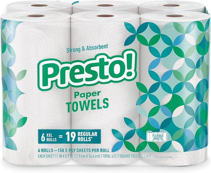 Amazon Brand - Presto! Ultra-Strong Premium Paper Towels, 158 Sheet Huge roll - Flex-a-Size, 6 Rolls, Equivalent to 19 Regular Rolls, White