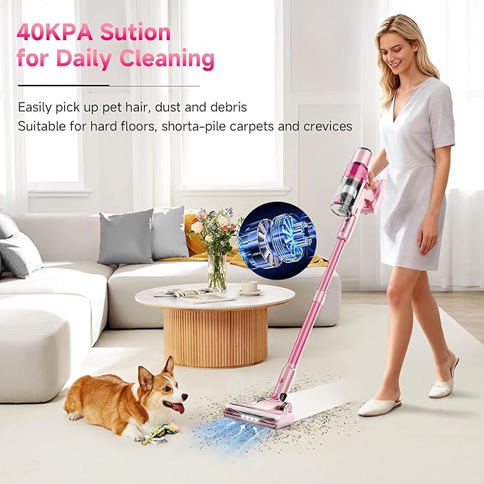Cordless Vacuum Cleaner: Portable 6-in-1 Stick Vacuum with Anti-Tangle Brush, LED Headlight, Self-Standing, HD display, Rechargeable Vacuum for Pet Hair, Low-Pile Carpet and Hardwood Floor-Dark Pink