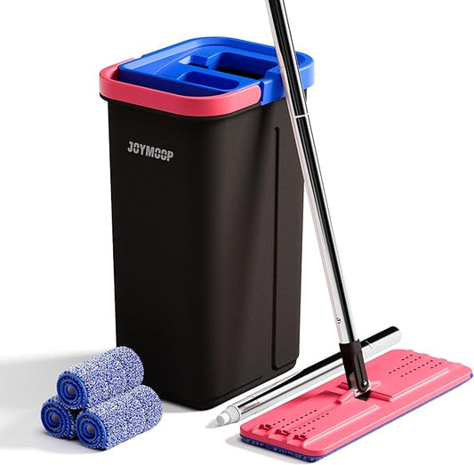 JOYMOOP Microfiber Flat Mop and Bucket System, Mops for Floor Cleaning and Wall Cleaner, Hardwood, Tile, Laminate, Vinyl Floors, Smooth Walls, and Glass Windows - 60" Flat Mop+3 Microfiber Pads[Black]