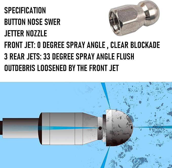 Hourleey Sewer Jetter Kit for Pressure Washer 150FT, Drain Cleaner Hose 1/4 Inch NPT, Orifice 4.0 Button Nose and Rotating Sewer Jetting Nozzle Spanner Tape Pearl Corsage Pin, 4000 PSI