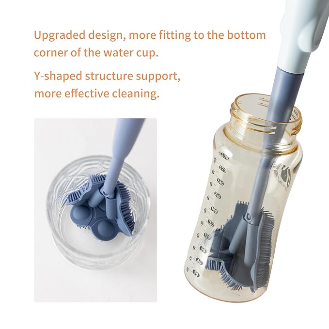 Chemimoso Cup Cleaning Brush, Silicone Baby Bottle Brush with Stand, Large Handle Water Bottle Brush Cleaner Set, with a Tiny Cup Lid Gap Cleaning Brushes Kit, Pawprint, Blue