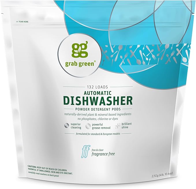 Grab Green Automatic Dishwashing Detergent Pods, 132 Count, Fragrance Free, Plant and Mineral Based, Superior Cleaning, Powerful Grease Removal, Brilliant Shine