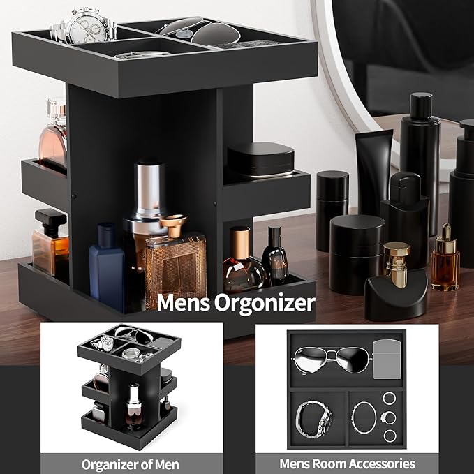 Cologne Organizer for Men, 3-Tier Large Capacity Wood 360° Rotating Cologne Stand, Desk/Nightstand/Bathroom Counter Perfume Storage, Birthday/Father's Day Gifts for Men(Black)