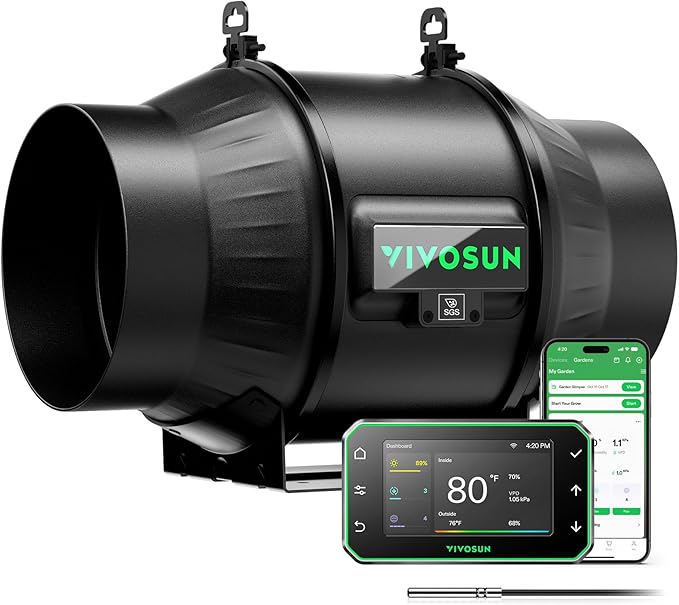 VIVOSUN T6 6" Inline Duct Fan & Temperature Humidity Controller, E42A+ WiFi-App Control AeroZesh Grow Tent Fan& Smart Thermostat, 408 CFM EC Motor Exhaust Fan for Heating Cooling, Greenhouse Accessory