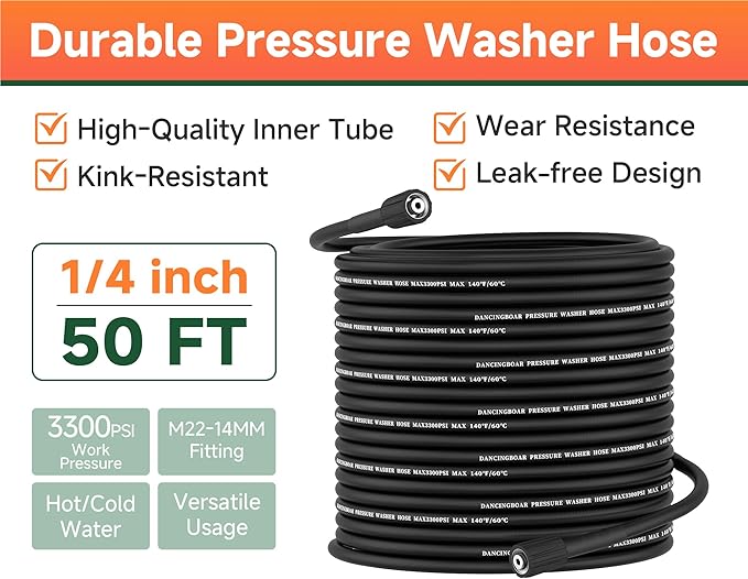 Pressure Washer Hose 50FT 1/4", 3300 PSI Wear & Kink Resistant Power Washer Hose with M22-14mm Fitting, High Pressure Replacement Hose for Gas & Electric Pressure Washers