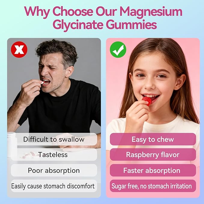 Magnesium Glycinate Gummies 400mg, Sugar Free Vegan Magnesium Supplement for Adults & Kids with L-threonate, B6, Tryptophan & Omega-3 for Sleep, Muscle & Calm Support, 60 Raspberry Chewables
