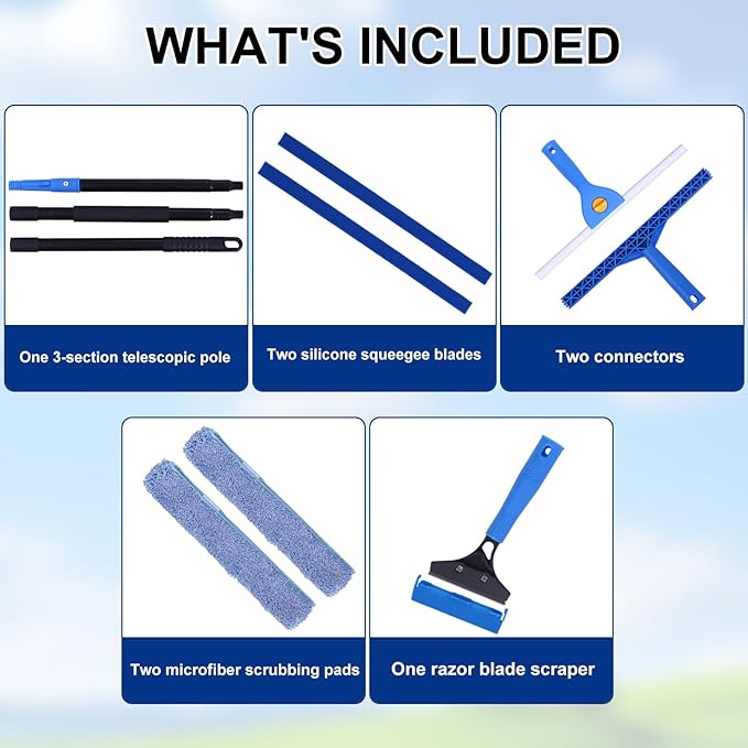 3-in-1 Professional Window Squeegee Kit with 2 Squeegee, 2 Microfiber Scrubber, 1 Razor Scraper, Thick Iron, 48.8" Window Squeegee with Extension Pole for Car, Glass, Mirror, Wall, Bathroom, Home, Van