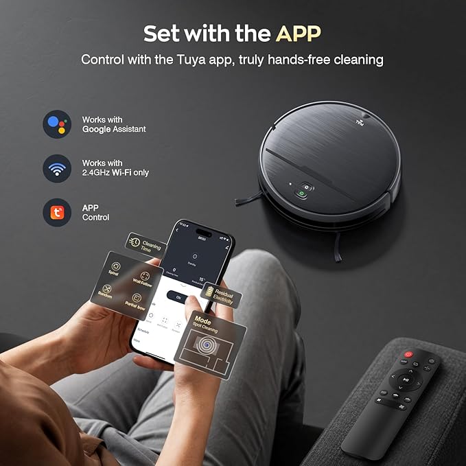 Robot Vacuum and Mop Combo with APP/Voice/Remote Control, 2 in 1 Vacuuming & Mopping Robot, Schedule, Strong Suction, Tangle-Free, Slim & Quiet, for Homes with Pets, Low Pile Carpet & Hard Floors