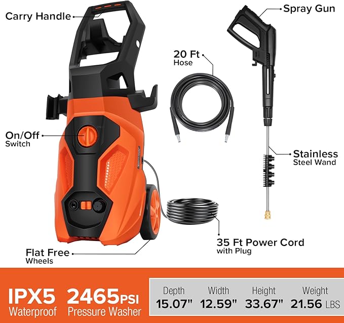 Electric Pressure Washer, 2300 PSI 1.76 GPM Power Washer, Ultra Compact, Lightweight, with 4 Spray Nozzles, 20 Ft Hose, 35 Ft Power Cord, Foam Cannon, for Cleaning Cars, Driveway, Fencing