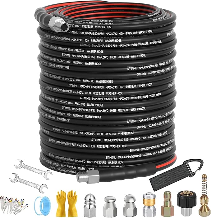 Sewer Jetter Kit for Pressure Washer 200FT, Drain Cleaner Hose 1/4 Inch NPT, NPT Corner Swivel and Push Button Nose Sewer Jet Nozzle Wrenches Gloves Waterproof Tape Pearl Brooch,5800PSI