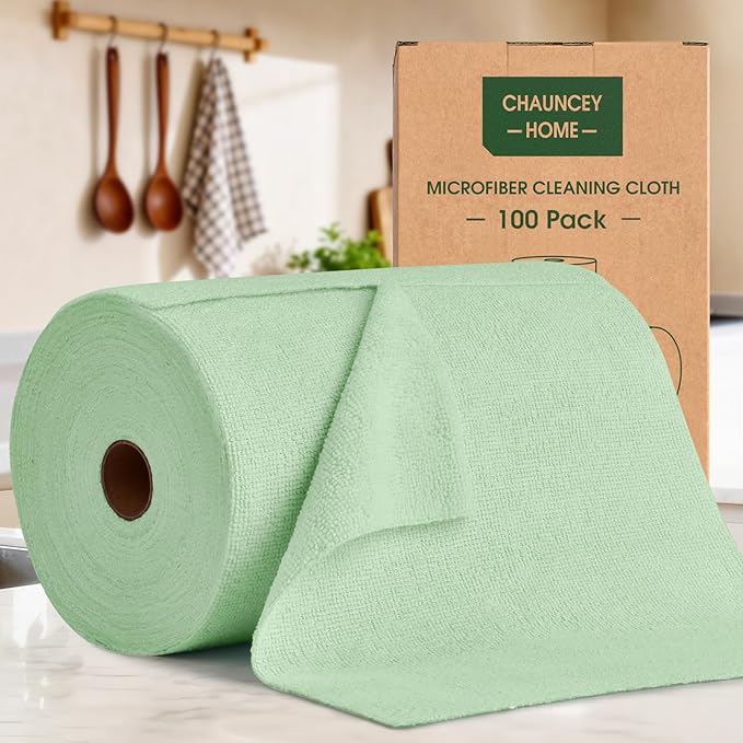 Microfiber Cleaning Cloth Roll - 100 Pack Tear Away Microfiber Paper Towels, Reusable, Washable, Scratch-Free, Kitchen Towels for Car, Home, Kitchen, Glass, Dishes(Bean Green)