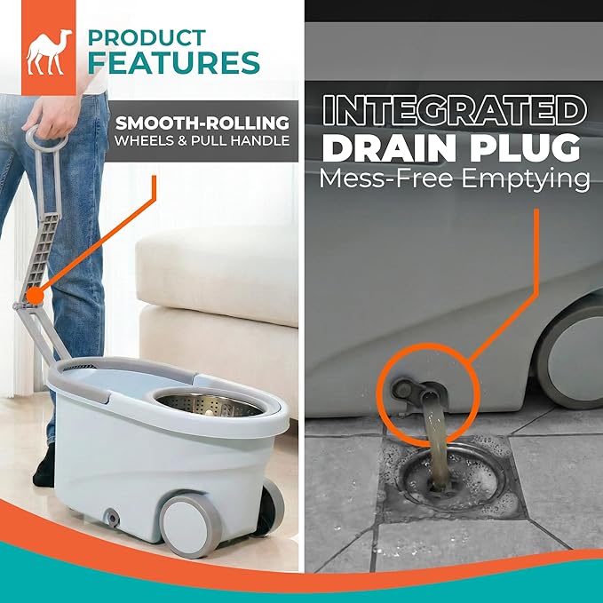 Grazie Spin Mop & Bucket Set - 360° Self-Wringing System with Wheels, Stainless Steel Handle - Hands-Free Floor Cleaning for Hardwood, Tile, Laminate - Includes 2 Washable Microfiber Mop Head Refills