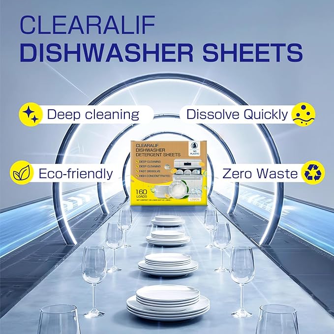 CLEARALIF Dishwasher Detergent Sheets, Lemon Scent, Up To 160 Loads, Eco Dishwashing Soap Strips for in Dishwasher or Sink