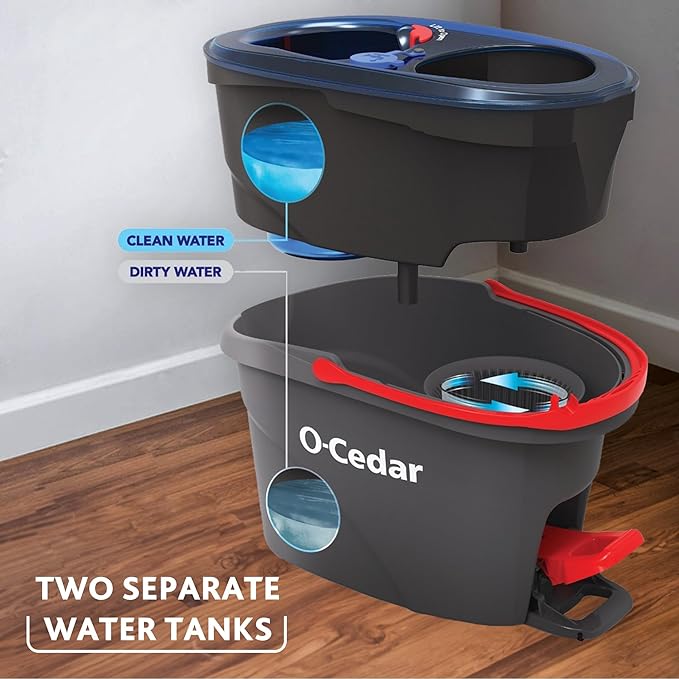 O-Cedar RinseClean Spin Mop & Bucket System + 2 Extra Mop Heads| Clean with Water | Removes 99% of Bacteria Plastic