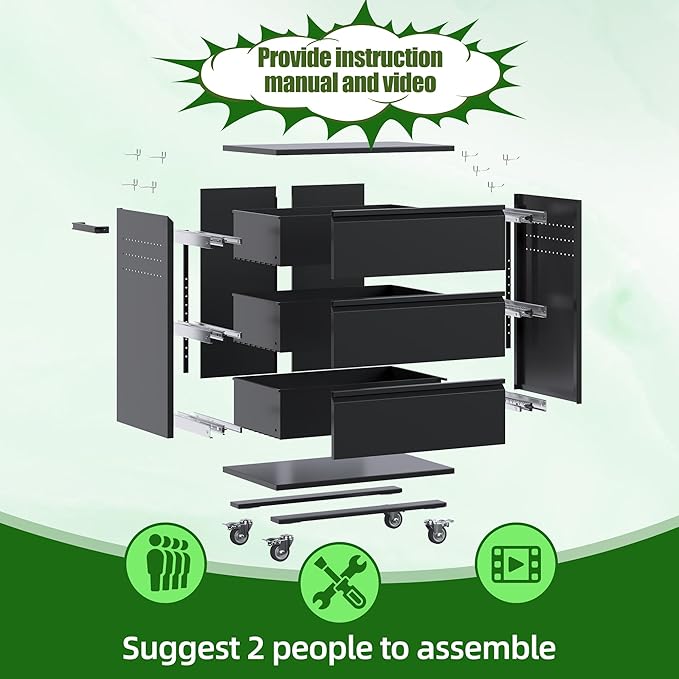 SUXXAN Metal Storage Cabinet with 3 Drawer and 4 Hooks,35.4" H Top Workbench Mobile Tool Chests Garage Cabinets with 4 Wheels,Tool Cabinets for Home,Office,Shop