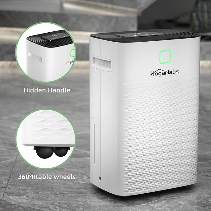 HOGARLABS Smart Dehumidifier for Basement Home, Silent Dehumidifier with Drain Hose & Water Tank, Intelligent Humidity Control, 24H Timer, for Large Room Bathroom Bedroom. (50 Pints Dehumidifier)