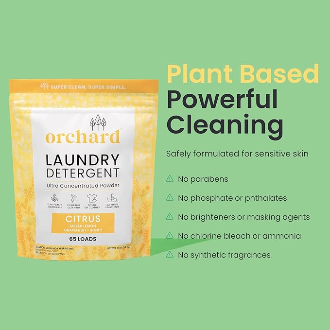Orchard Laundry Detergent Powder Natural Deep Cleaning Laundry Powder for Sensitive Skin - Citrus - Plant Based Effective Ingredients - 90 Loads - Enzyme-Powered, Eco Friendly Detergent