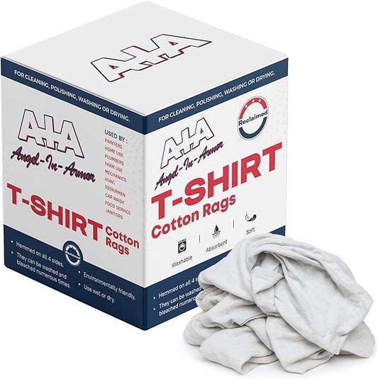 Angel-in-Armor White T-Shirt Rags – 5lb Box of Recycled Cotton Knit Shop Rags (65 Units) – Low Lint Cleaning Cloths for Mechanics, Oil Changes, Industrial and Commercial Use