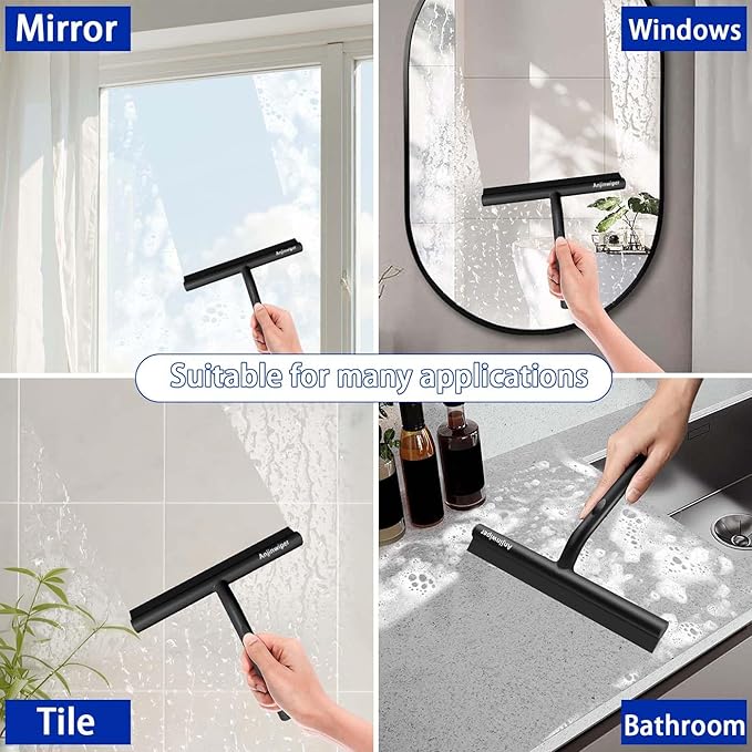 All-Purpose Shower Squeegee for Glass Doors, Shower Door Squeegee with Hook, Silicone Squeegee for Bathroom, Shower Doors, Mirrors, Tiles(Black)