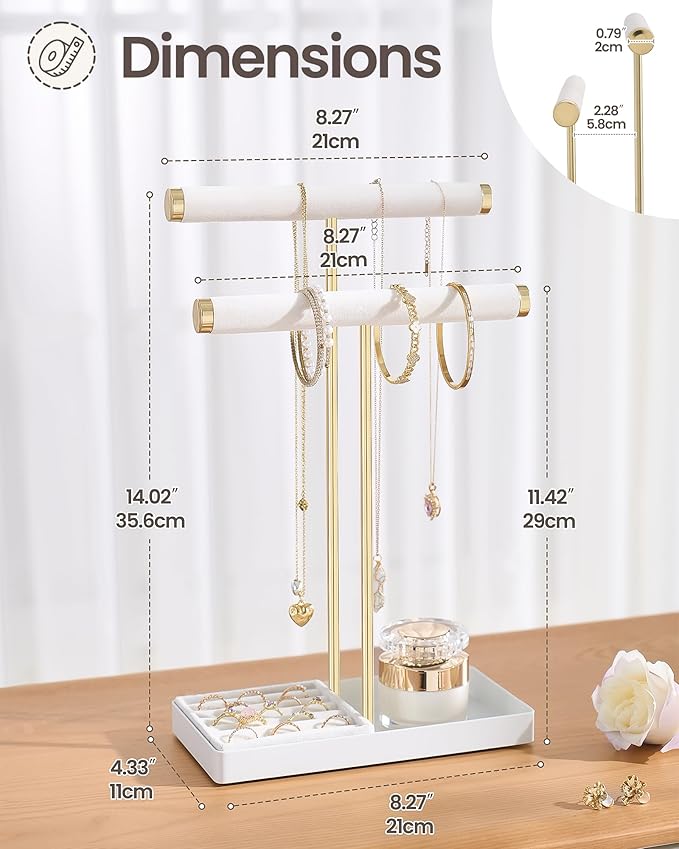 Lolalet 2-Tier Necklace Holder Display, Velvet Wrapped Bracelet Stand with Removable Ring Tray, Tall Jewelry Organizer for Bangles Watches Earrings, Galentines Valentines Gifts for Girls Women -White