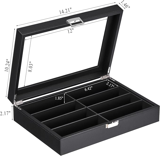BEWISHOME Glasses Organizer for Men, Sunglasses Organizer, 8-Slot Sunglasses Storage Case with Large Clear Glass Lid, PU Leather Lined Eyewear Display Box