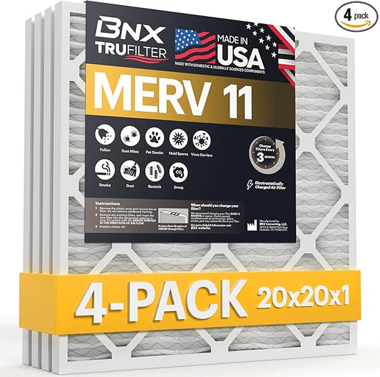 BNX TruFilter 20x20x1 Air Filter MERV 11 (4-Pack) - MADE IN USA - Allergen Defense Electrostatic Pleated Air Conditioner HVAC AC Furnace Filters for Allergies, Dust, Pet, Smoke, Allergy MPR 1200 FPR 7
