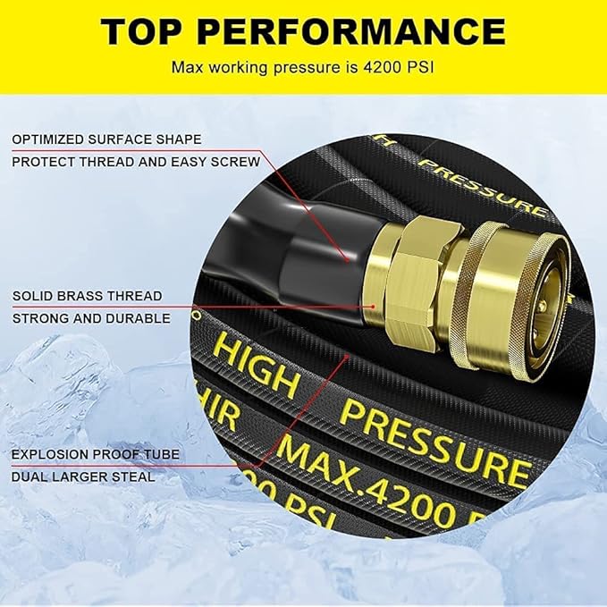POHIR Pressure Washer Whip Hose - 10 FT, 4200PSI, Replacement Hose Reel Connector, Short Power Washer Hose with 3/8'' Quick Connect, Steel Wire Braid Pressure Hose
